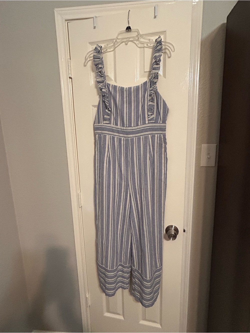 Lulu's Blue and White Striped Ruffle Strap Jumpsuit